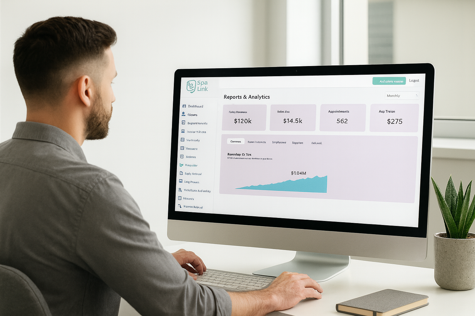 Business owner reviewing Spa Link analytics dashboard with revenue metrics and trends